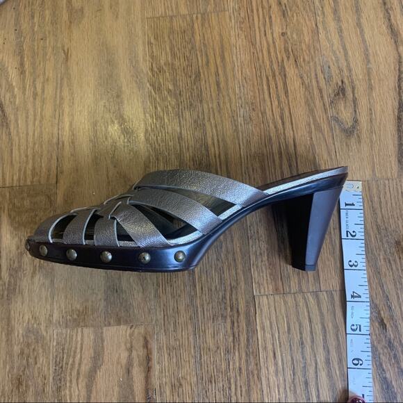 Stuart Weitzman Metallic Basket Weave Studded Mule Slide On Heel Sandal 7.5/8 - Picture 9 of 12